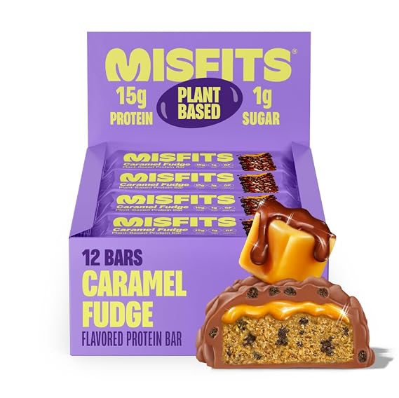 Misfits Vegan Protein Bars - Sweet Caramel Fudge | Nutrition Bars - 15g Protein, 1g Sugar, Plant-based, Low Carb, Non-GMO, Gluten Free Snacks | Pack of 12