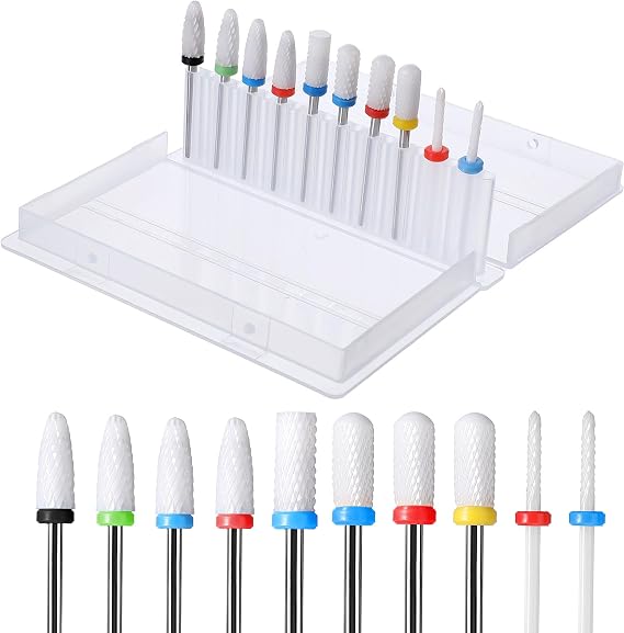 10Pcs Ceramic Nail Drill Bits, 3/32 Professional Acrylic Nail File Drill Bit Set, Pedicure Nail File Cuticle, Remover Crystal Nail Extension for Manicure Pedicure Salon Professional or Beginner