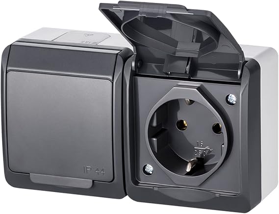 ELEKTRO-PLAST IP44 Surface-Mounted Switch – Socket Program Wet Room Schuko Hermes Antra (Socket 2-Way 0325-07), Anthracite