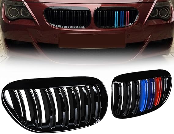 2PCS Dual Fin Front Hood Kidney Grille Grills for 2004 2005 2006 2007 2008 2009 2010 BMW E63 E64 M6 6-Series 645Ci 650i 2-Door - Glossy Black M-Color