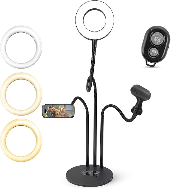 iDANCE 6-in-1 USB Desktop Media Stand, LED Ring Light Tripod with Phone Mount, Mic Stand & Remote, Adjustable 360 Arms, Desk Ring Light for Streaming, Recording & Content Creation