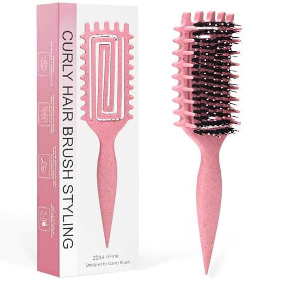 Curly Hair Defining Brush, With Side Gear Ergonomic Design for Curls, Waves, Volume on Wet Dry Hair (Pink)