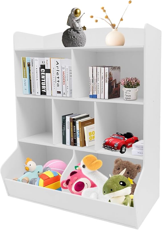 Toy Storage Organizer with Bookcase, 3 Tier Kids Bookshelf 42.3'' H Toy Storage Cabinet for Boys Girls Storage Display for Playroom Bedroom Nursery, 170lbs Load-Bearing Capacity (White)