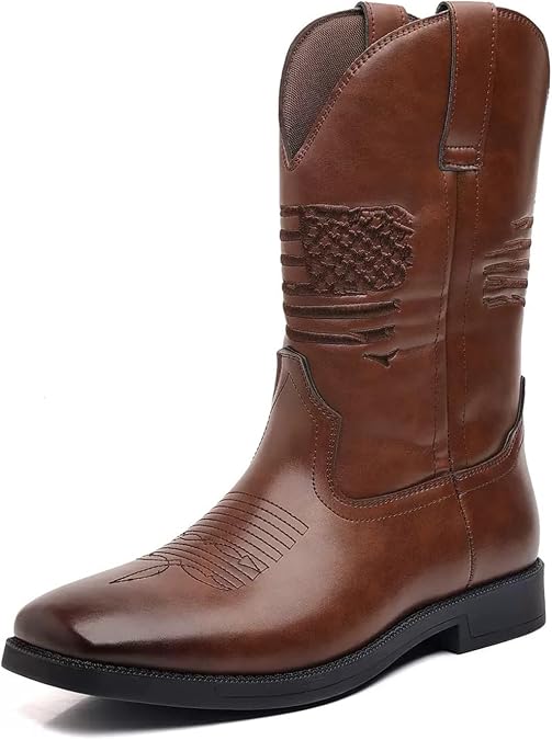 Slip Resistant Country Boots Classic Embroidered boot Cowboy Boots for Men Square Toe Chunky Heel Mid-Calf Boots