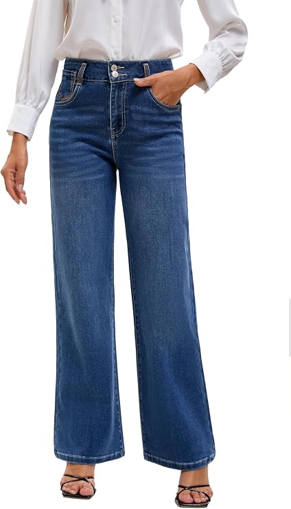 Women's High Waisted Wide Leg Jeans - Stretchy Tummy Control Denim Pants, Loose Fit Straight Leg Baggy Jeans