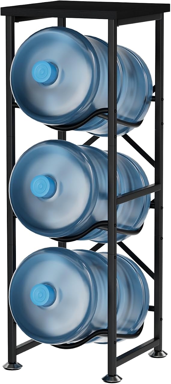 5 Gallon Water Jug Holder, 3-Tier Water Bottle Holder with Wood Top Shelf, Heavy Duty Water Cooler Jug Rack, Storage Stand for Office and Living Room, Black