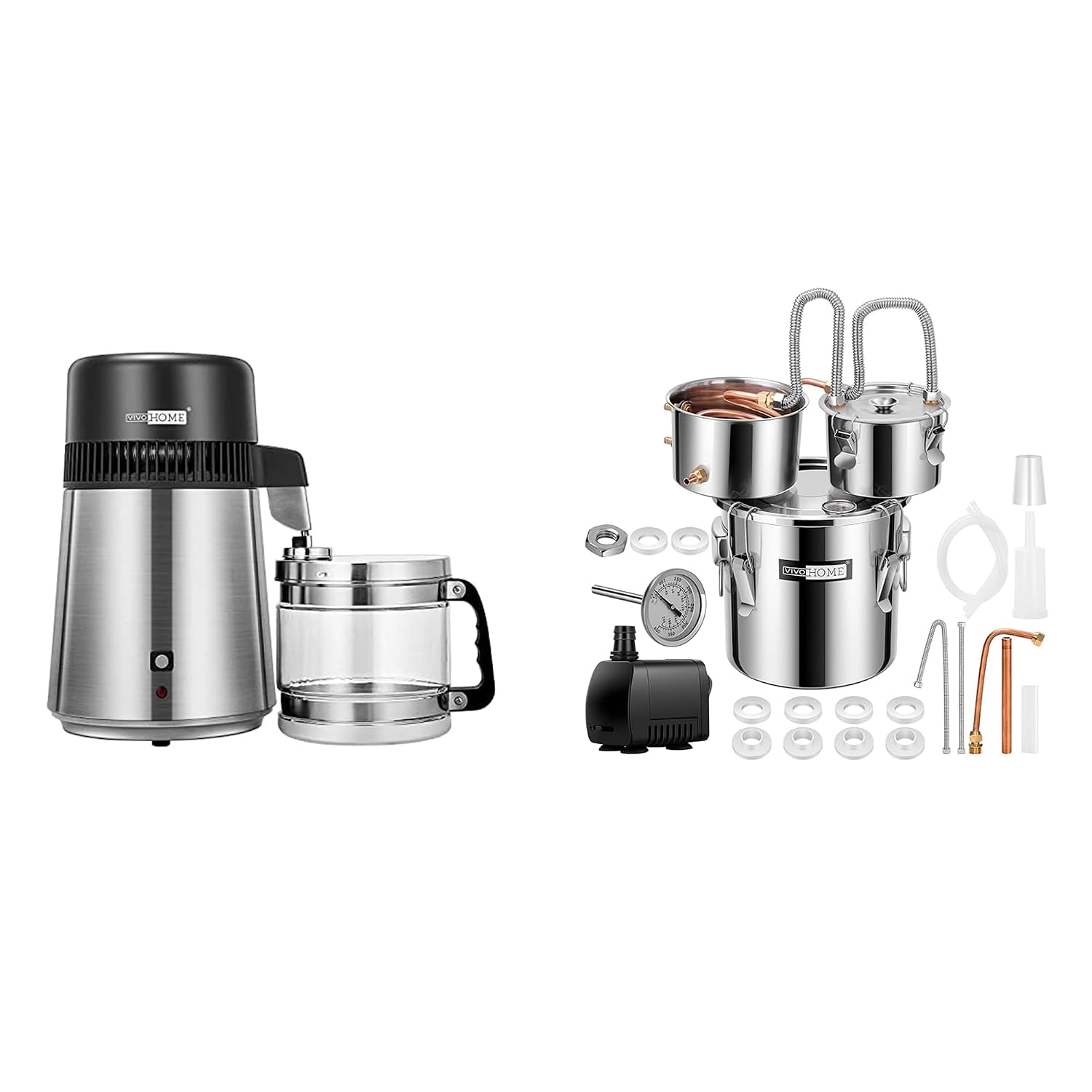 VIVOHOME Water Distiller Countertop 1.1 Gallon4L 304 Stainless Steel Distilled Water Machine with VIVOHOME 5 Gal Alcohol Still, 3 Stainless Steel Pots Home Brewing Kit