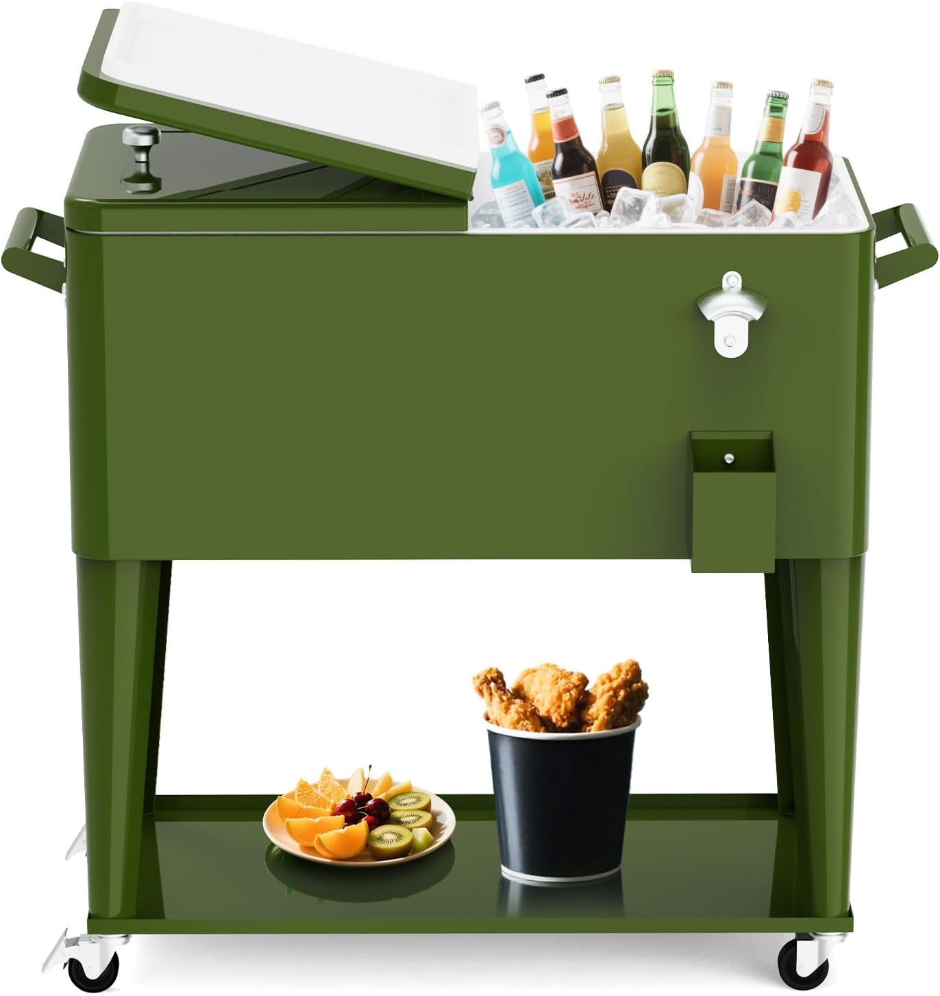 Rolling Ice Chest Cooler Cart, Portable Bar Drink Cooler, 80 Quart Cooling Bins, Beverage for Patio Pool Party, Large Ice Chest with Shelf, Bottle Opener