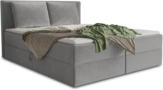 Sofnet Egro Box Spring Bed with 2 Bed Boxes and Two Large Cushions - Double Bed with Bonell Mattress and Topper Upholstered Bed Bed Frame Bedroom (Grey (Paros 05) 140 x 200 cm)