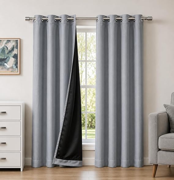 Blackout Curtains for Bedroom and Living Room, Bedroom Decor, Black Liner for 100% Blackout, Thermal Insulated, Built with Stainless Steel Grommet, Easy Installation, Silver Grey, 52x84