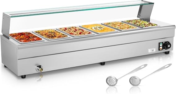 6 Pan Commercial Food Warmer, Stainless Steel Bain Steam Table Food Warmer 6*8QT 110v 1500w Electric with 1/3 Large Capacity Pans for Catering and