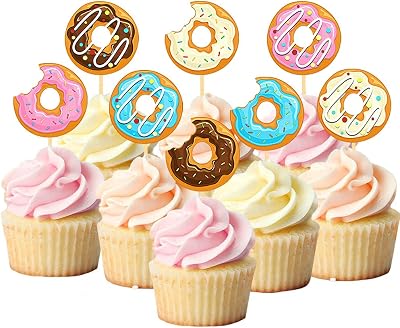24 Pcs Donut Cupcake Toppers Sweet Theme Cake Decoration for Kids Birthday Party Supplies Celebrating Party Events Baby Shower