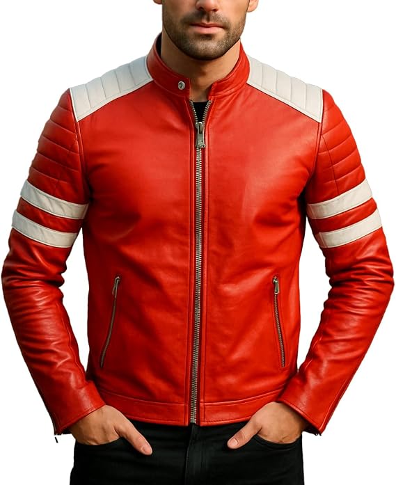 Men's Red Retro Real Leather Motorcycle Coat - Classic Vintage Style Red Faux Leather Biker Jacket