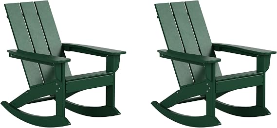 WestinTrends Ashore Patio Rocking Chairs Set of 2, All Weather Poly Lumber Plank Adirondack Rocker Chair, Modern Farmhouse Outdoor Rocking Chairs for Porch Garden Backyard and Indoor, Dark Green