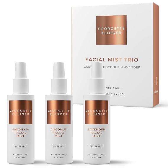 Georgette Klinger Facial Mist Trio - Face Spray Gift Set: Makeup Setting, Pillow, Dewy Glow Hydration Kit With Nourishing Coconut, Soothing Lavender, and Invigorating Gardenia - 4.2 oz Each
