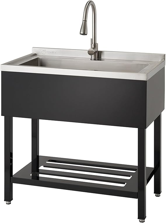 TRINITY 36-Inch Freestanding Stainless Steel Utility Sink, NSF Commercial Sink for Laundry Room, Restaurant Kitchen Prep, Garage, Shop, Food Truck, Dog Wash, With Hot/Cold Pull-Out Faucet, Black