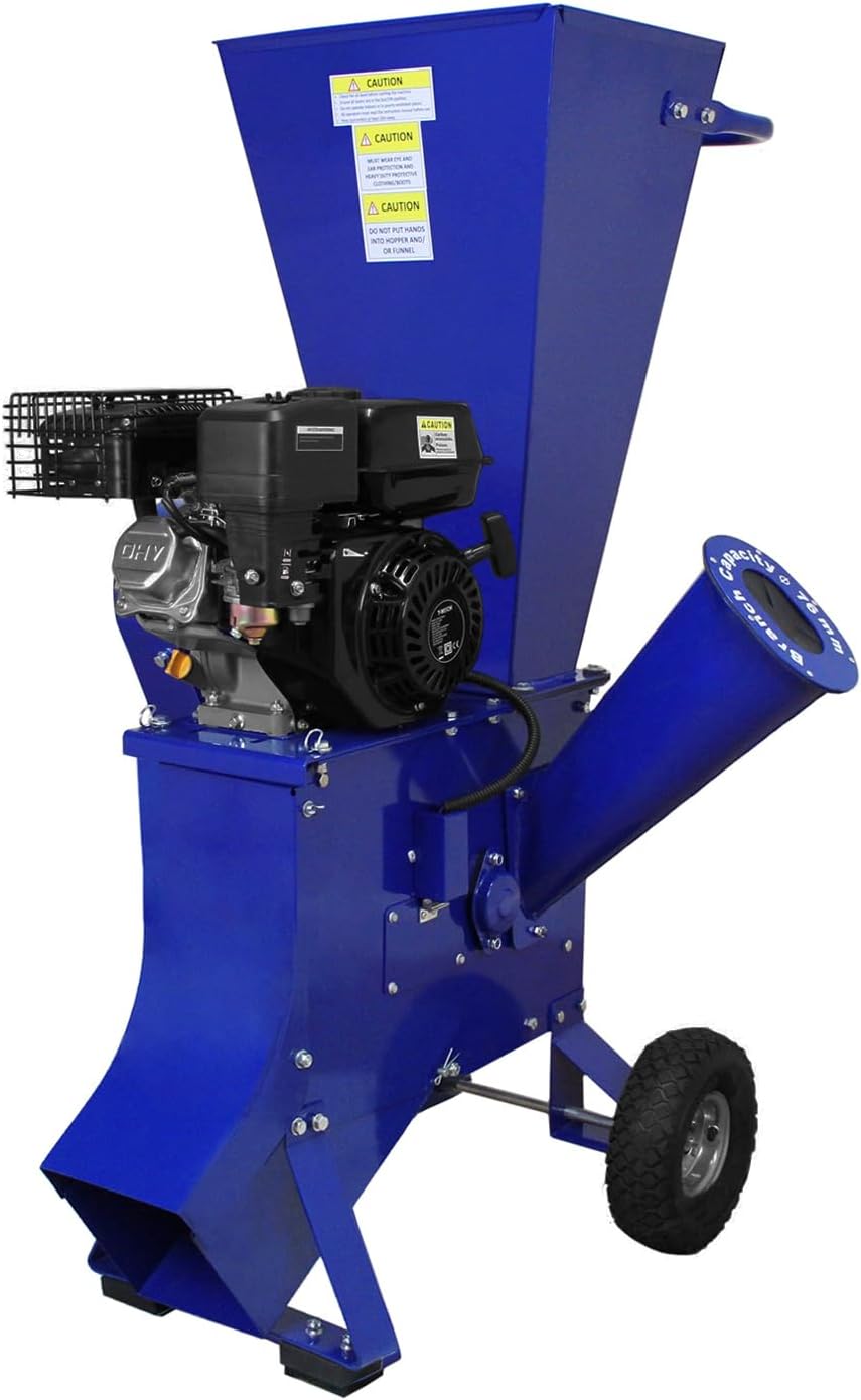 petrol wood shredder motor shredder garden shredder wood chipper 7 hp 4 stroke 212 cc 76 mm cutting capacity 3600 rpm blade speed compact & portable with wheels free ppe & tool set