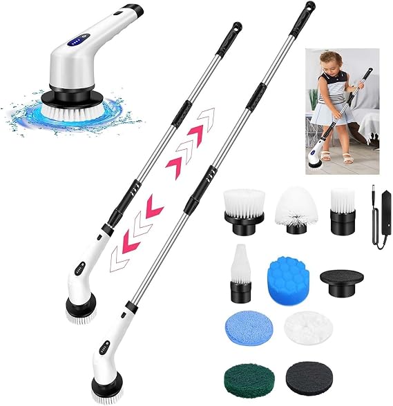 Electric Spin Scrubber, Cleaning Brush Scrubber for Home, Cordless Shower Scrubber with 9 Brush Heads and Adjustable Extension Handle, 2 Adjustable Speeds for Bathroom/Kitchen/Car/Tub and Floor Tile