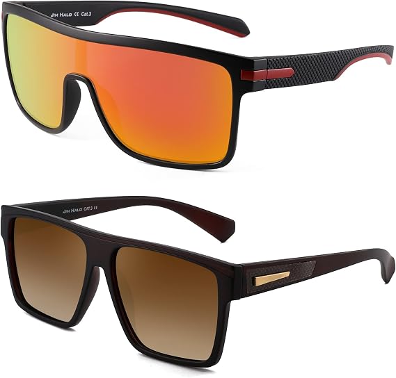 JIM HALO Mens Polarized Shield Sunglasses Oversized Flat Top Square Glasses Orange + Polarized Brown