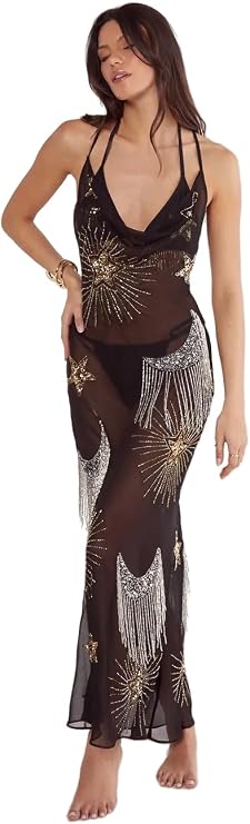 Nasty Gal Women's Celestial Embellished Tassel Detail Cowl Maxi Dress