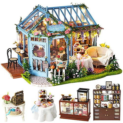 CUTEBEE Dollhouse Miniature House with Furniture, DIY Dollhouse Kit with Dust Proof, Music Movement, 1:24 Scale Creative Room for Gift for Family Rose Garden Tea House