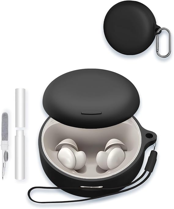 Case for Soundcore Sleep A30 by Anker Sleep Earbuds, WUNIAK Soft Silicone Protective Portable Scratch Shock Resistant Shell with Cleaner Kit & Carabiner & Lanyard ,Black