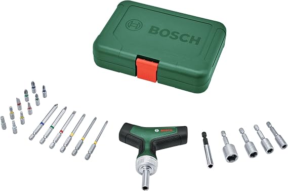 Bosch Screwdriver tip set, 22 pieces (maximum torque 46 Nm; 36 gear gears; magnetic tip holder; soft handle T handle; 16 end S2 steel; 4 bite wrench; bag)