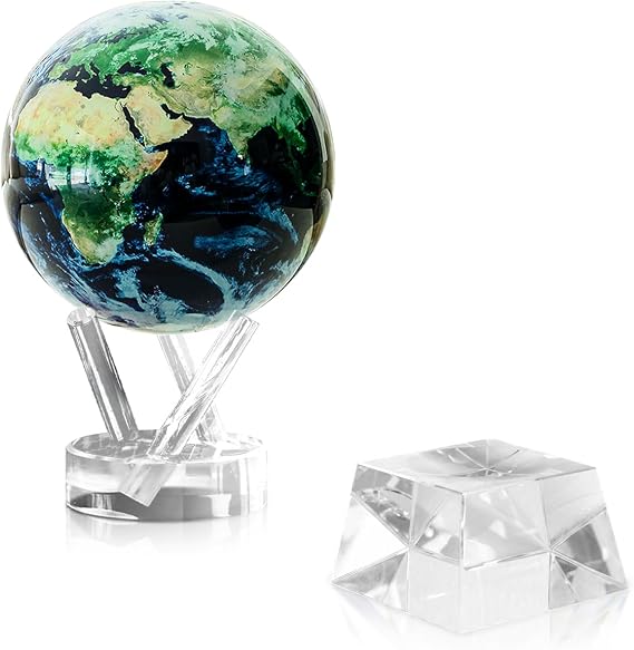 MOVA Globe Earth with Clouds 4.5" Bundle with Crystal Base | Self-Rotating Globe Powered by Light | Silent Motion Desk Decor Gift Set for Home or Office