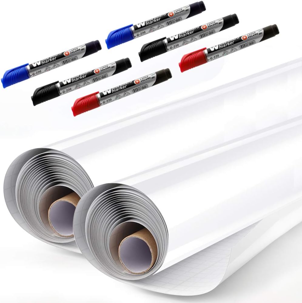 Whiteboard Sticker Paper, 11ft Dry Erase Easy Peel and Stick Contact Paper 2 Rolls, Self Adhesive Wall Paper Roll for Classroom, Planning, Office, Kid Painting, 6 Dry Erase Markers