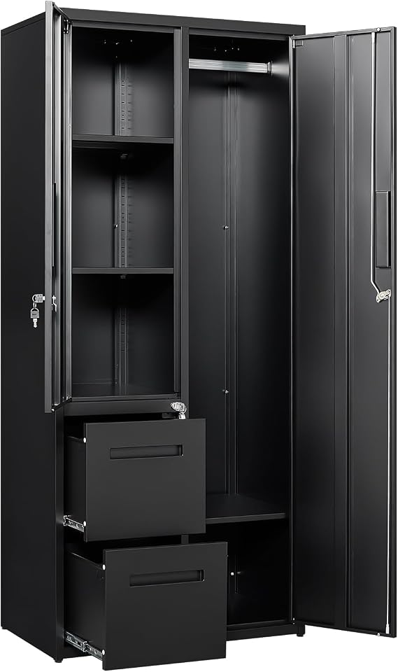PEUKC Metal Storage Cabinets with Locking Doors, 67" Freestanding Clothing Coat Storage Wardrobe Lockers for Office, Home, School, Garage, Gym (Black)