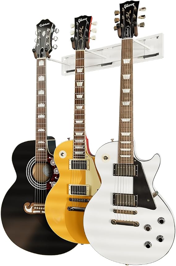 String Swing Wall Mount Guitar Rack - Multiple Acoustic & Electric Guitar Organizer With 3 Padded Arm Hangers & White Slatwall Rail - MADE IN USA