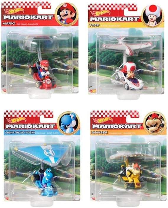 Hot Wheels Mario Kart Character Gliders Bundle of 4: Bowser, LightBlue Yoshi, Mario & Toad | DieCast Figures with Glider Attachments | Display & Play Toy GVD30-956M