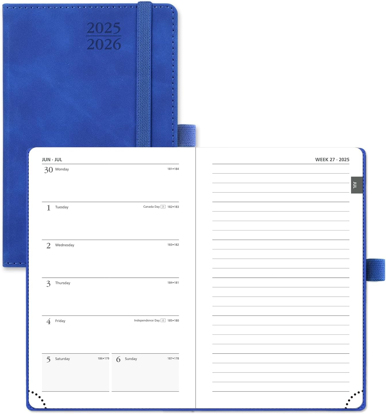 POPRUN Planner 2025-2026 Weekly Notebook for PursePocket Size 4x 6.25 Small Academic Calendar JUL.25 - JUN.26 with Monthly Tabs, Leather Soft Cover, Inner Pocket, 100 GSM - Royal Blue