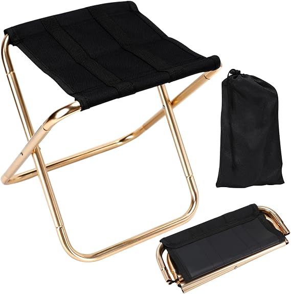 Mini Camp Stool Lightweight Folding Camping Stool Portable Outdoor Chair Foot Rest for Fishing Hiking Gardening and Beach, Oxford Cloth with Carry Bag (Gold-Black)