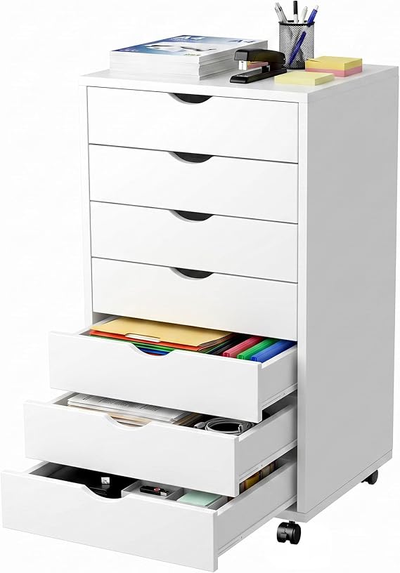 7 Drawer Mobile File Cabinet with Wheels, Office Storage Drawers, White | 7 Drawers Mobile File Cabinet with Wheels for Office Storage, Under Desk Organization and Printer Stand