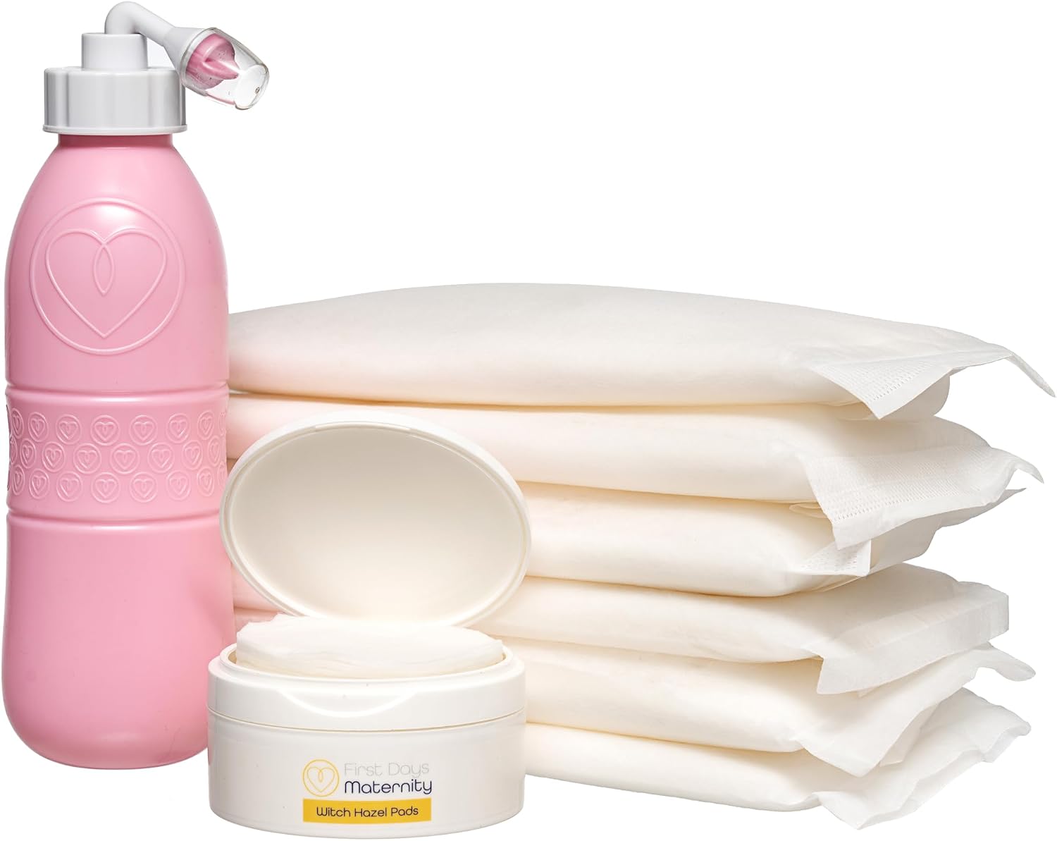 First Days Maternity The Original UK Instant Perineal Cold Packs with Witch Hazel Pads and Peri Bottle, Ideal for Postpartum Recovery, Pack of 6 Cold Packs, 40 Witch Hazel Pads, and Pink Peri Bottle