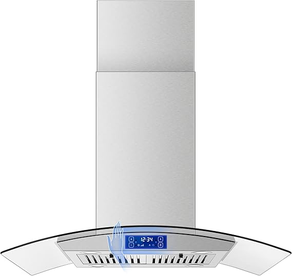 Tieasy Island Range Hood 36 inch 700 CFM Ceiling Mount Kitchen Stove Hood Ducted with Tempered Glass 4 LED Lights Touch Control 3 Speed Fan Permanent Filters