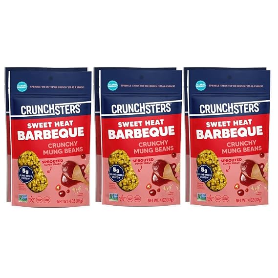 Crunchsters Crunchy Sprouted Mung Beans, Plant-Based Protein Super-Snack and Salad Topper, Gluten-Free, Nut-Free, Vegan, 6g Protein per Serving, 4oz. Bags (6 Pack, Sweet Heat Barbecue)