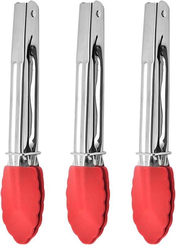 Mini Kitchen Tongs with Silicone Tips, 3-Piece Set, 7-Inch Non-Stick Tongs with Stainless Steel Silicon Handles, Heat Resistant for Cooking & Serving (Red)