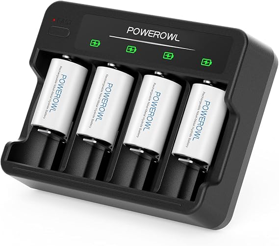 POWEROWL Rechargeable C Batteries with 4 Bay Battery Charger, USB Quick Charging, for AA AAA C D Ni-MH Ni-CD Rechargeable Batteries -4 Count