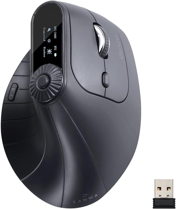 SANWA 3-Device Ergonomic Vertical Mouse with LED Screen & Knob Control | Quick Tasks Access, Natural 57 Comfort, 2.4G Wireless+2 BT 5.0+Wired, Programmable with Software, Rechargeable, 800-2400DPI