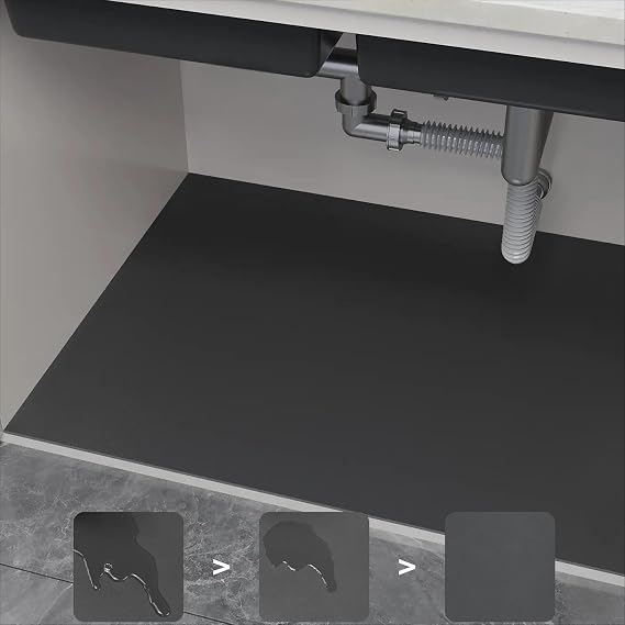 Under Sink Mat for Kitchen Waterproof, Cut to Fit Under Sink Liner, Kitchen Bathroom Cabinet Protector Mat, Super Absorbent Quick Dry Under Sink Drip Tray, Dark Grey (20"W x 32"L)