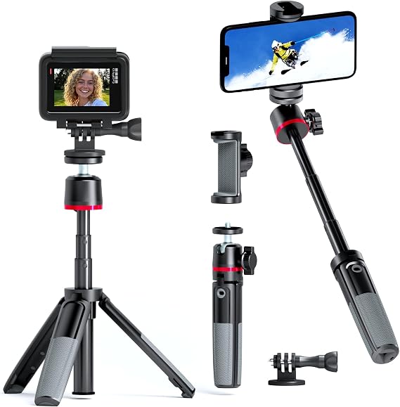Mini Camera Tripod & Vlog Selfie Stick, Portable Extendable Desk Stand with 360 Ball Head and Cold Shoe, Travel Vlogging Gear Compatible with Action Cameras, Pocket 3, Insta360 & Phones