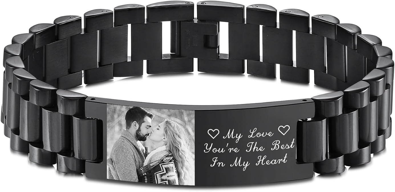 Personalized Bracelet for Men with Photo Engraved Name/Text Adjustable Stainless Steel Mens Link Bracelet Wristband Jewelry Dad Gifts for Father Husband Grandpa Son Boyfriend Father's Day