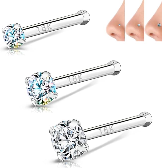 18K White Gold Nose Rings for Women Men, 20g Real Solid 18k Nose Rings Studs, Simulated Diamond Nose Piercing Jewelry 1.5mm 2mm 3mm