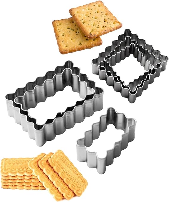 3Pcs Cookie Cutter Set, Stainless Steel Rectangle Scalloped Edge Cookie Cutter, Square Rectangle Fluted Edge Cookie Biscuit Molds Kit, Assorted Sizes Pastry Cutter for Homemade Baking (Rectangle)