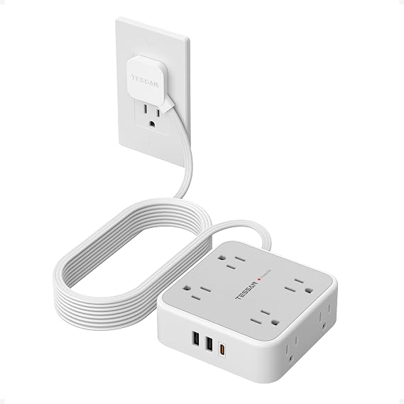TESSAN Surge Protector Power Strip, 15 Ft Flat Plug Extension Cord with 3 USB (1 USB C 20W PD) 8 Outlets, 1250W, 900J Protection, 3 Sided Outlet Extender with Power Switch for Office, Dorm Room, Grey