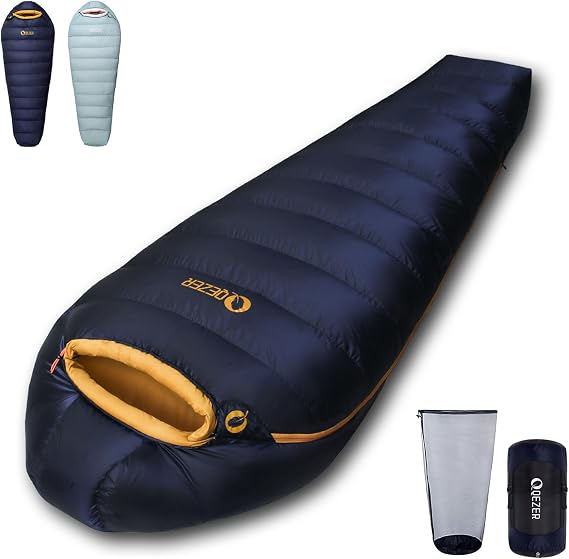 QEZER Down Sleeping Bag [620FP-RDS], sleeping bags for adults features a graphene antistatic lining for superior warmth, suitable for camping, hiking, backpacking, and 4 season travel. 