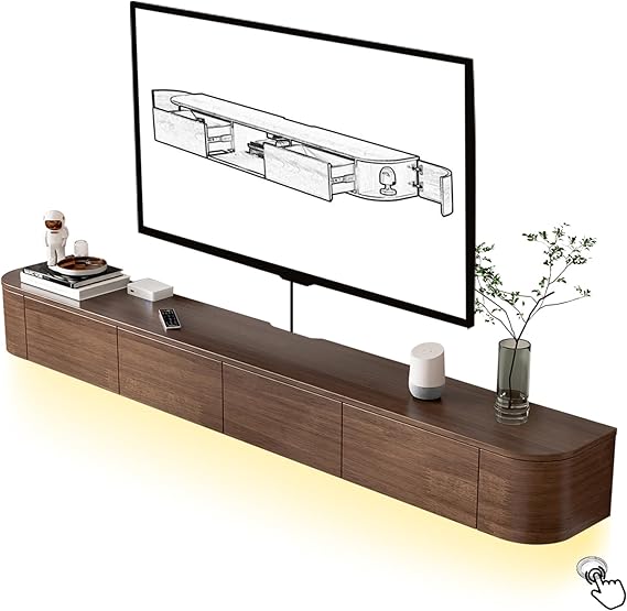 Floating TV Unit, Mounted TV Stand with Flip-Down Doors & Side door, Storage TV Bench Under TV for Bedroom Livingroom (Brown+LED, 220CM)