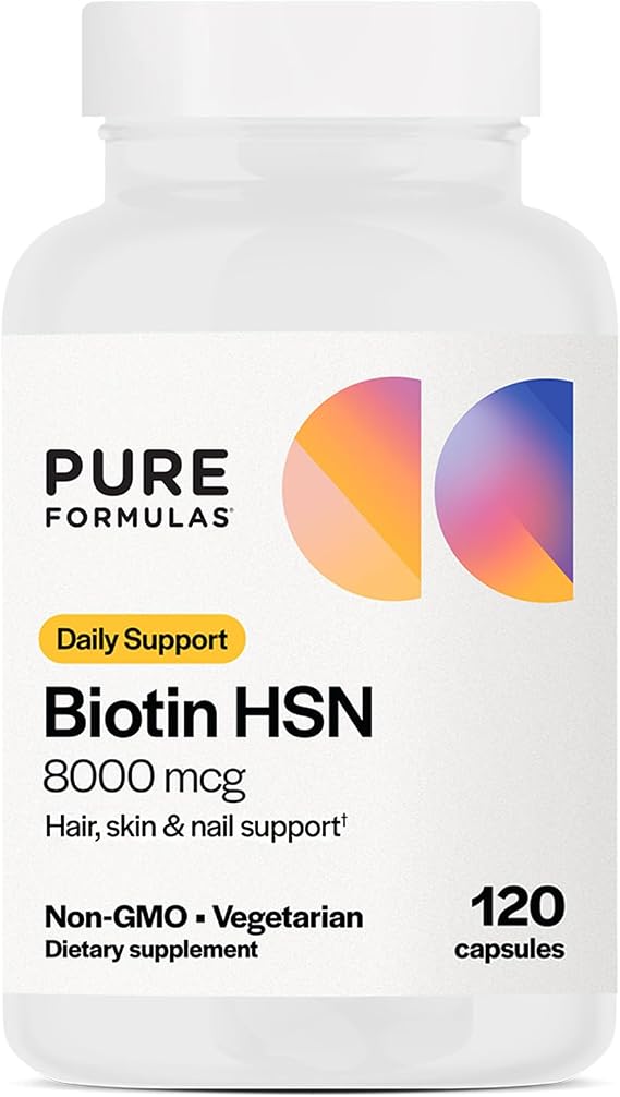 PureFormulas Biotin 8000 mcg Hair Skin Nails Biotin Supplement Biotina, Biotin Hair Growth Vitamins B7 Supplement for Women & Men 120 Capsules